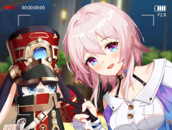 Rule 34 | 1girl, 1other, :d, archery shooting glove, battery indicator, black choker, blue eyes, blue jacket, blurry, blush, breasts, buttons, cavcaz, choker, collarbone, depth of field, eyelashes, fake screenshot, gloves, gradient eyes, hair between eyes, highres, honkai: star rail, honkai (series), jacket, leaning to the side, long sleeves, looking at another, looking at viewer, march 7th (honkai: star rail), medium breasts, medium hair, multicolored eyes, open mouth, partially fingerless gloves, pink eyes, pink hair, pom-pom (honkai: star rail), portrait, recording, shirt, smile, teeth, upper teeth only, v, viewfinder, wall lamp, white shirt