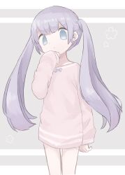 Rule 34 | 1girl, arm at side, blue eyes, bow, closed mouth, cowboy shot, grey background, hand up, highres, kanikan, long hair, long sleeves, looking at viewer, no pants, original, pale color, pink shirt, purple bow, purple hair, shirt, sleeves past wrists, solo, standing, twintails
