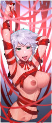 Rule 34 | 1girl, absurdres, arm behind head, armpits, arms up, breasts, cleft of venus, commentary, cropped torso, english commentary, green eyes, grey hair, highres, large breasts, looking at viewer, mole, mole under eye, naked ribbon, nipples, open mouth, original, pussy, rat huang, red ribbon, ribbon, short hair, solo, tongue, tongue out, upper body