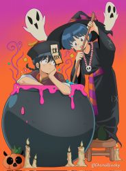 Rule 34 | 1boy, 1girl, blue hair, blush, braid, braided ponytail, candle, chandllucky, closed mouth, cooking, ghost, halloween, halloween costume, hat, highres, looking at another, open mouth, ranma 1/2, saotome ranma, short hair, tendou akane, twitter username, witch, witch hat