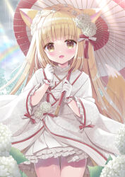Rule 34 | 1girl, animal ears, blonde hair, blush, braid, brown eyes, commentary request, flower, fox ears, fox girl, fox tail, frilled skirt, frills, globes, gloves, gluteal fold, hair flower, hair ornament, highres, holding, holding umbrella, hoshimame mana, hydrangea, japanese clothes, kimono, long hair, looking at viewer, oil-paper umbrella, open mouth, original, outdoors, pleated skirt, rain, rainbow, shiromuku, skirt, smile, solo, standing, tail, uchikake, umbrella, upper body, water drop, white gloves, white skirt