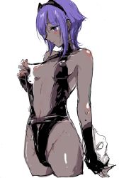 Rule 34 | 1girl, black gloves, blush, breasts, dark-skinned female, dark skin, fate/prototype, fate/prototype: fragments of blue and silver, fate/prototype fragments, fate (series), fingerless gloves, gloves, groin, hairband, hassan of serenity (fate), highres, mask, nipples, osakana (denpa yun&#039;yun), purple eyes, purple hair, revealing clothes, short hair, simple background, skull mask, small breasts, solo, strap pull, white background
