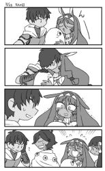Rule 34 | &gt; &lt;, 2boys, 2girls, 4koma, animal ears, arash (fate), blush, cape, comic, crying, dark-skinned female, dark-skinned male, dark skin, embarrassed, fate/grand order, fate/prototype, fate/prototype: fragments of blue and silver, fate (series), flower, greyscale, hair flower, hair ornament, highres, jackal ears, kiss, kiss day, long hair, medjed (fate), monochrome, multiple boys, multiple girls, nefertiti (fate/prototype fragments), nitocris (fate), nutarou, ozymandias (fate), puckered lips, silent comic