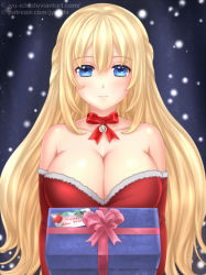 Rule 34 | 1girl, bare shoulders, bell, blue eyes, bow, breasts, choujigen game neptune, cleavage, fur trim, happy new year, incoming gift, jingle bell, jyu ichi, large breasts, light smile, looking at viewer, neptune (series), new year, red bow, santa costume, snowing, solo, vert (neptunia)