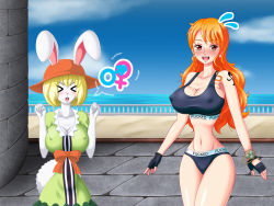 Rule 34 | 2girls, breasts, rabbit, carrot (one piece), cleavage, large breasts, long hair, multiple girls, nami (one piece), one piece, orange hair, smile, tail, tattoo