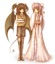 Rule 34 | 2girls, :d, alternate hair color, amano jack, bad id, bad pixiv id, bat wings, book, brooch, brown hair, chain, crescent, demon tail, embodiment of scarlet devil, female focus, finger to mouth, head wings, highres, jewelry, koakuma, legband, multiple girls, no headwear, no headwear, open mouth, patchouli knowledge, purple eyes, purple hair, red eyes, ribbon, smile, tail, tail ornament, tail ribbon, thighhighs, touhou, vest, wings