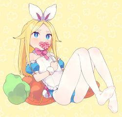 Rule 34 | 1girl, alice (moyori), animal ears, blonde hair, blue eyes, blush, bow, bright pupils, candy, carrot-shaped pillow, fake animal ears, fake tail, food, frills, heart, holding, holding candy, holding food, lollipop, long hair, moyori, no shoes, original, pantyhose, patterned, patterned background, pink bow, rabbit ears, rabbit tail, solo, tail, white pantyhose, white pupils