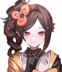 Rule 34 | 1girl, black gloves, brown hair, chiori (genshin impact), genshin impact, gloves, grey kimono, hair ornament, hair stick, highres, japanese clothes, kimono, long hair, looking at viewer, multicolored hair, pudding 15, red eyes, sidelocks, solo, two-tone hair, upper body