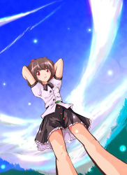 Rule 34 | 1girl, :d, arms behind head, arms up, bare legs, bow, bowtie, brown hair, day, female focus, from below, hat, leaf, looking at viewer, neki-t, open mouth, red eyes, shameimaru aya, short hair, short sleeves, skirt, sky, smile, solo, tokin hat, touhou