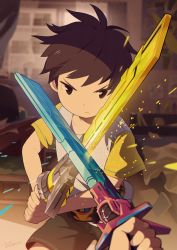 Rule 34 | 1boy, blurry, blurry background, brown hair, fighting, holding, holding sword, holding weapon, indoors, looking at viewer, male focus, noeyebrow (mauve), original, pov, short hair, shorts, sparks, sword, weapon