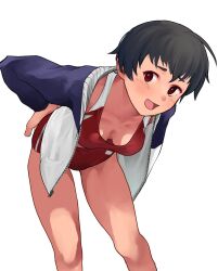 Rule 34 | 1girl, bent over, black hair, breasts, cleavage, commentary, fang, hands on own ass, highres, hood, hoodie, medium breasts, one-piece swimsuit, open mouth, original, red eyes, red one-piece swimsuit, short hair, smile, solo, swimsuit, tooku nomura (artist)