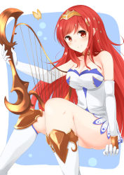 Rule 34 | 10s, 1girl, bare shoulders, blush, boots, breasts, choker, cleavage, elbow gloves, gloves, granblue fantasy, harp, arriet (shingeki no bahamut), instrument, knee boots, large breasts, long hair, red eyes, red hair, sakikumo (sakumo), shingeki no bahamut, smile, solo, tiara, white footwear, white gloves
