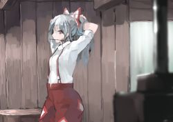 Rule 34 | 1girl, arms up, blurry, blurry foreground, bow, commentary, cowboy shot, fujiwara no mokou, hair bow, hair ornament, hair stick, ichiba youichi, indoors, long hair, looking at viewer, mouth hold, ofuda, pants, ponytail, red eyes, red pants, shirt, short sleeves, silver hair, solo, standing, suspenders, touhou, tying hair, white bow, white shirt