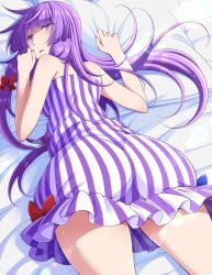 Rule 34 | 1girl, ass, bare shoulders, bed, blue bow, bow, commentary request, dress, dress bow, eichi yuu, hair bow, highres, lens flare, light particles, long hair, looking at viewer, looking back, lying, no headwear, on stomach, parted lips, patchouli knowledge, purple eyes, purple hair, red bow, solo, strapless, strapless dress, striped clothes, striped dress, thighs, touhou, vertical-striped clothes, vertical-striped dress