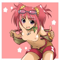 Rule 34 | 00s, 1girl, blush, breasts, choker, dinosaur king, eyewear on head, glasses, hair ornament, highres, jacket, jewelry, leaning forward, long hair, navel, necklace, nipples, open clothes, open mouth, open shirt, pink hair, purple eyes, ribbon, shirt, shorts, smile, solo, takaya n, tatsuno malm, twintails