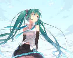 Rule 34 | 1girl, aqua hair, arms behind back, bare shoulders, black skirt, blue eyes, blue sky, blush, breasts, btoor, cloud, day, detached sleeves, hair ornament, hatsune miku, headset, highres, long hair, looking away, looking to the side, medium breasts, necktie, outdoors, parted lips, shirt, skirt, sky, smile, solo, standing, tareme, twintails, undone necktie, very long hair, vocaloid, white shirt