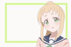 Rule 34 | 1girl, animated, animated gif, blonde hair, blue sailor collar, blush, closed mouth, crust gm0, dot nose, female focus, green eyes, green ribbon, inose mai, jumping, koisuru asteroid, long hair, looking at viewer, neck ribbon, one eye closed, open mouth, ponytail, ribbon, sailor collar, school uniform, serafuku, smile, solo, sweater, teeth, thick eyebrows, v, wink