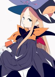 Rule 34 | 1girl, abigail williams (fate), blonde hair, blue bow, blue dress, blue eyes, blue hat, blush, bow, commentary request, dress, eyelashes, fate/grand order, fate (series), frilled sleeves, frills, from side, hat, hat bow, long hair, long sleeves, looking at viewer, looking to the side, orange bow, parted bangs, parted lips, puffy long sleeves, puffy sleeves, sideways glance, sleeve cuffs, sohin, solo, upper body, white background, white bow, witch hat