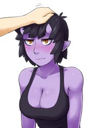 Rule 34 | 1girl, bare shoulders, black hair, black shirt, blush, breasts, cleavage, collarbone, colored skin, demon girl, hand on another&#039;s head, headpat, horns, ittla, monster girl, oni, oni horns, original, pointy ears, purple skin, shiny skin, shirt, short hair, simple background, slit pupils, solo focus, sweatdrop, tank top, ume (ittla), upper body, wavy mouth, white background, yellow eyes