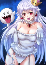 Rule 34 | 1girl, absurdres, boo (mario), breasts, cleavage, crown, dress, elbow gloves, gloves, hair between eyes, highres, large breasts, long hair, looking at viewer, luigi&#039;s mansion, mario (series), medium breasts, new super mario bros. u deluxe, nintendo, open mouth, personification, princess king boo, sawwei005, sharp teeth, smile, solo, super crown, teeth, tongue, tongue out, white dress, white gloves