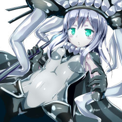 Rule 34 | 10s, 1girl, abyssal ship, blue eyes, bodysuit, cape, gloves, hat, highres, kantai collection, long hair, naka (cheeseyeast), pale skin, personification, silver hair, solo, wo-class aircraft carrier