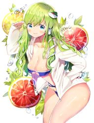 Rule 34 | 1girl, absurdres, arm up, bandeau, bikini, blue bikini, blue eyes, blush, breasts, cleavage, cleavage cutout, clothing cutout, collarbone, commentary, cowboy shot, food, frog hair ornament, fruit, grapefruit, green hair, groin, hair ornament, hair tubes, hand in pocket, highres, hood, hooded jacket, jacket, kochiya sanae, leaf, leaning forward, lemon, long hair, long sleeves, looking at viewer, navel, open clothes, open jacket, sagging breasts, salute, satoupote, sidelocks, simple background, smile, snake hair ornament, solo, standing, stomach, strapless, strapless bikini, swimsuit, symbol-only commentary, thighs, touhou, water drop, white background, white jacket