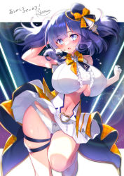 Rule 34 | 1girl, :o, arm behind head, azur lane, baltimore (azur lane), baltimore (azur lane) (cosplay), baltimore (muse) (azur lane), bare shoulders, blue eyes, blue hair, blunt bangs, blush, bow, breasts, buckle, center frills, center opening, clothes lift, clothing cutout, commentary request, commission, cosplay, cowboy shot, crop top, frills, gloves, gluteal fold, hair between eyes, half gloves, hat, headset, heart, heart-shaped buckle, idol, large breasts, looking at viewer, maronie., mini hat, navel, navel cutout, orange bow, original, panties, pantyshot, pleated skirt, shirt, sidelocks, skeb commission, skindentation, skirt, skirt lift, sleeveless, sleeveless shirt, solo, standing, standing on one leg, sweat, translation request, twintails, underboob, underboob cutout, underwear, white footwear, white gloves, white panties, white shirt, white skirt