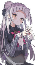 Rule 34 | 1girl, absurdres, black capelet, black skirt, blunt bangs, blush, bow, bowtie, breasts, capelet, cleavage, commentary, crop top, cropped shirt, double bun, grey hair, grey shirt, hair bun, hair ribbon, head tilt, highres, holding, hololive, kokutamotsu, long hair, long sleeves, looking at viewer, midriff, murasaki shion, murasaki shion (1st costume), navel, pink bow, pink bowtie, pinstripe pattern, pinstripe shirt, purple capelet, ribbon, shadow, shirt, sidelocks, simple background, skirt, small breasts, smile, solo, steepled fingers, striped clothes, striped shirt, upper body, vertical-striped clothes, vertical-striped shirt, virtual youtuber, white background, yellow eyes