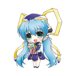 Rule 34 | 1girl, :d, blue dress, blue hair, blush, bouquet, bow, chibi, commentary request, dress, flower, green eyes, hair between eyes, hair ribbon, happy, highres, holding, holding bouquet, hoshino yumemi, long hair, long ribbon, long sleeves, looking at viewer, low twintails, natsuoto rito, open mouth, pink bow, pink flower, planetarian, ribbon, robot ears, simple background, smile, solo, standing, twintails, very long hair, white background, white flower, yellow ribbon