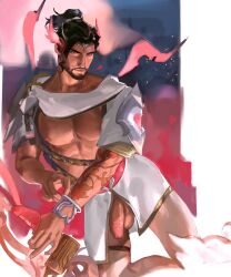 Rule 34 | 1boy, abs, absurdres, arm tattoo, arrow (projectile), asian, bara, bare pectorals, beard, black hair, bow (weapon), brown hair, code2 ip, cupid hanzo, dark-skinned male, dark skin, facial hair, feet out of frame, flaccid, hanzo (overwatch), highres, large pectorals, loincloth, looking at viewer, male focus, muscular, muscular male, nipples, no male underwear, official alternate costume, overwatch, pectorals, penis, revealing clothes, short hair, sideburns, solo, stomach, tattoo, thick eyebrows, thick thighs, thighs, tiara, valentine, weapon