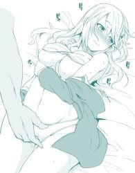 Rule 34 | 1boy, 1girl, arm under breasts, bed sheet, blue theme, blush, bra, breasts, fingering, hair ornament, hetero, jacket, kantai collection, large breasts, long hair, long sleeves, looking away, lying, monochrome, nose blush, on back, open clothes, open jacket, panties, simple background, solo focus, suzuya (kancolle), tsukinami kousuke, underwear