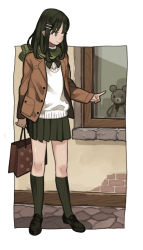 Rule 34 | 1girl, 9 (saki-ooo-kiyu), bow, bowtie, brown jacket, cobblestone, commentary request, full body, green bow, green bowtie, green hair, green scarf, green skirt, green socks, grey eyes, hair ornament, hairclip, highres, jacket, loafers, long sleeves, original, pleated skirt, pocket, pointing, scarf, shoes, skirt, smile, socks, solo, standing, stuffed animal, stuffed toy, sweater, teddy bear, white sweater, window