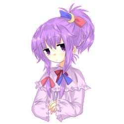 Rule 34 | 1girl, alternate hairstyle, bad id, bad pixiv id, crescent, crescent hair ornament, darker than black, female focus, hair ornament, parody, patchouli knowledge, ponytail, purple eyes, purple hair, ribbon, solo, touhou