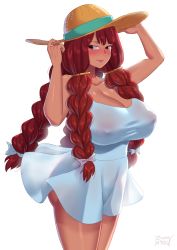 Rule 34 | 1girl, bare shoulders, blush, braid, breasts, brown eyes, cleavage, covered erect nipples, fairy tail, hat, huge breasts, irene belserion, long hair, mature female, red hair, see-through, smile, solo, standing, tagme, zheng