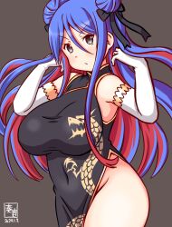 Rule 34 | 1girl, :o, black dress, blue hair, breasts, brown background, china dress, chinese clothes, double bun, dress, hair bun, kanon (kurogane knights), kantai collection, large breasts, long hair, multicolored hair, one-hour drawing challenge, red hair, solo, south dakota (kancolle), white hair