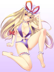 Rule 34 | 1girl, ankle cuffs, barefoot, blonde hair, breasts, bridal garter, cleavage, covered erect nipples, female focus, hair ribbon, hat, hat ribbon, large breasts, legs, looking at viewer, maki (seventh heaven maxion), mob cap, o-ring, o-ring swimsuit, one-piece swimsuit, purple eyes, purple one-piece swimsuit, ribbon, solo, swimsuit, team shanghai alice, thigh strap, thighs, touhou, tress ribbon, yakumo yukari