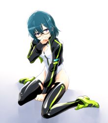 Rule 34 | 1girl, alice gear aegis, aqua hair, breasts, cleavage, commentary, covering own mouth, glasses, green footwear, heattech leotard, highres, ishiyumi, itokura neo, jacket, legs, leotard, long sleeves, purple eyes, shoes, sitting, solo, thighhighs, track jacket, turtleneck, wariza, white leotard