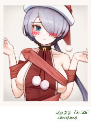 1girl absurdres bare_shoulders blue_eyes breasts brid_(nikke) earrings goddess_of_victory:_nikke grey_hair hair_over_one_eye hat highres jewelry large_breasts long_hair looking_at_viewer mole mole_on_breast santa_costume santa_hat sideboob sideless_shirt solo whidlam