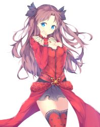 Rule 34 | 1girl, belt, black skirt, blue eyes, breast suppress, brown hair, cowboy shot, earrings, fate/grand order, fate/stay night, fate (series), feitaru, hair ribbon, hand on own face, jewelry, long hair, long sleeves, looking at viewer, lowres, parted bangs, pendant, red shirt, ribbon, ring, shirt, simple background, skirt, solo, thighhighs, tohsaka rin, tohsaka rin (formalcraft), two side up, white background