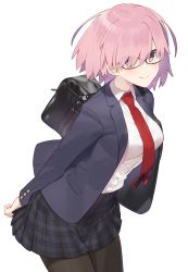 Rule 34 | 1girl, alternate costume, bag, black-framed eyewear, black jacket, black pantyhose, black skirt, blazer, blush, breasts, closed mouth, collared shirt, commentary request, dress shirt, fate/grand order, fate (series), glasses, hair over one eye, hayashi kewi, jacket, large breasts, long sleeves, mash kyrielight, necktie, open clothes, open jacket, pantyhose, pink hair, plaid, plaid skirt, pleated skirt, purple eyes, red necktie, school bag, shirt, short hair, simple background, skirt, smile, solo, white background, white shirt