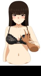 Rule 34 | 1boy, 1girl, absurdres, blush, bra, breasts, brown eyes, brown hair, disembodied limb, girls und panzer, grabbing, grabbing another&#039;s breast, grabbing another's breast, guided breast grab, guiding hand, hetero, highres, lace, lace-trimmed bra, lace trim, large breasts, lingerie, long hair, looking at viewer, mature female, navel, nishizumi shiho, umeta shirisuke, underwear, upper body