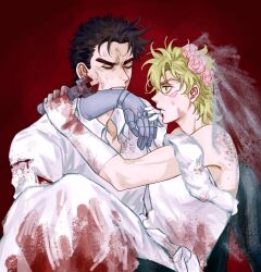 Rule 34 | 2boys, battle tendency, bleeding, blonde hair, blood, blood on clothes, blood on gloves, bloody clothes, bloody dress, bridal veil, brown hair, caesar anthonio zeppeli, cheek poking, closed eyes, cuts, dress, dress shirt, facial mark, green eyes, highres, holding, holding wrench, injury, jojo no kimyou na bouken, joseph joestar, joseph joestar (young), male focus, mechanical arms, mouth hold, multiple boys, off-shoulder dress, off shoulder, poking, prosthesis, prosthetic arm, shirt, strapless, strapless dress, torn clothes, torn shirt, veil, wedding dress, white dress, wrench, zhoujo51