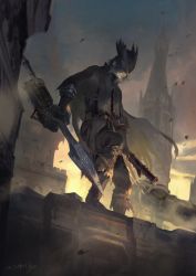 Rule 34 | 1boy, belt, bicorne, bloodborne, cape, day, from side, gun, hat, highres, holding, holding weapon, hunter (bloodborne), male focus, miso katsu, musket, outdoors, pants, signature, solo, standing, torn cape, torn clothes, weapon