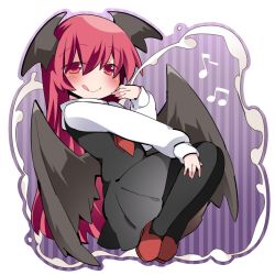 Rule 34 | 1girl, bat wings, blush, commentary, demon girl, demon wings, dress shirt, hammer (sunset beach), head wings, koakuma, looking at viewer, musical note, pantyhose, red eyes, shirt, solo, tongue, tongue out, touhou, vest, wings
