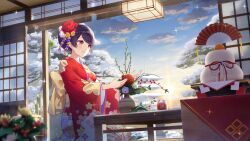 Rule 34 | 1girl, architecture, back bow, blue sky, bow, cloud, east asian architecture, feet out of frame, floral print, flower, from below, girl cafe gun, gradient sky, hair flower, hair ornament, hanging light, highres, indoors, japanese clothes, kimono, lens flare, long sleeves, looking ahead, official art, open door, outstretched arms, pagoda, peony (flower), pine tree, purple hair, red eyes, red kimono, seiza, shi wuxia, short hair, shouji, sitting, sky, sliding doors, smile, snow on tree, solo, sparkle, sun, swept bangs, table, tree, twilight, vase, wide sleeves, yellow bow, yellow flower, yellow sky