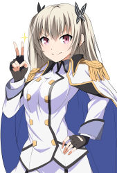 Rule 34 | 1girl, absurdres, black gloves, fingerless gloves, gloves, hair between eyes, hair ornament, hal-bard, hand on own hip, highres, long hair, looking at viewer, military, military uniform, qualidea code, red eyes, silver hair, simple background, smile, solo, standing, tenkawa maihime, uniform, v, v-shaped eyebrows, white background
