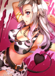 Rule 34 | 1girl, absurdres, animal print, bad id, bad pixiv id, bare shoulders, blue eyes, blush, breasts, cleavage, cow print, earrings, covered erect nipples, fairy tail, grey eyes, highres, horns, jewelry, large breasts, long hair, looking at viewer, mfinale, midriff, mirajane strauss, navel, open mouth, parted lips, silver hair, solo, tail