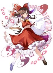 Rule 34 | 1girl, bare shoulders, black footwear, blush, bow, brown eyes, brown hair, detached sleeves, frilled skirt, frills, gohei, hair between eyes, hair bow, hair tubes, hakurei reimu, highres, holding, japanese clothes, long hair, nontraditional miko, ofuda, open mouth, orb, red bow, red skirt, ribbon-trimmed sleeves, ribbon trim, satoupote, shoes, sidelocks, simple background, skirt, socks, solo, touhou, white background, white sleeves, white socks, wide sleeves, yin yang, yin yang orb