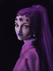 Rule 34 | 1girl, absurdres, art nonsense, colored skin, creepy, creepy eyes, earrings, extra eyes, girl with a pearl earring, highres, horror (theme), jewelry, lips, lipstick, looking at viewer, makeup, monster girl, overwatch, overwatch 1, ponytail, portrait, purple hair, purple lips, purple skin, red eyes, solo, widowmaker (overwatch), yellow eyes