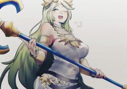 Rule 34 | 1girl, ancient greek clothes, armlet, bare shoulders, breasts, chiton, circlet, dress, forehead jewel, gold, gold choker, green eyes, green hair, highres, holding, holding staff, jewelry, kamu (rakugakifix), kid icarus, kid icarus uprising, large breasts, laurel crown, long hair, neck ring, nintendo, one eye closed, palutena, parted bangs, pendant, solo, staff, strapless, strapless dress, teeth, upper teeth only, vambraces, very long hair, white dress